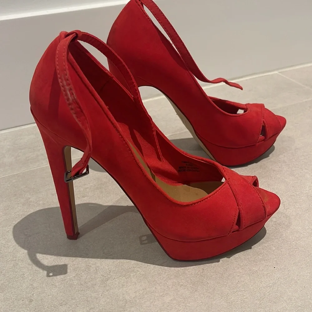 Bershka women size EUR 36 6 red open toe heel stilleto shoes suede type fabric
